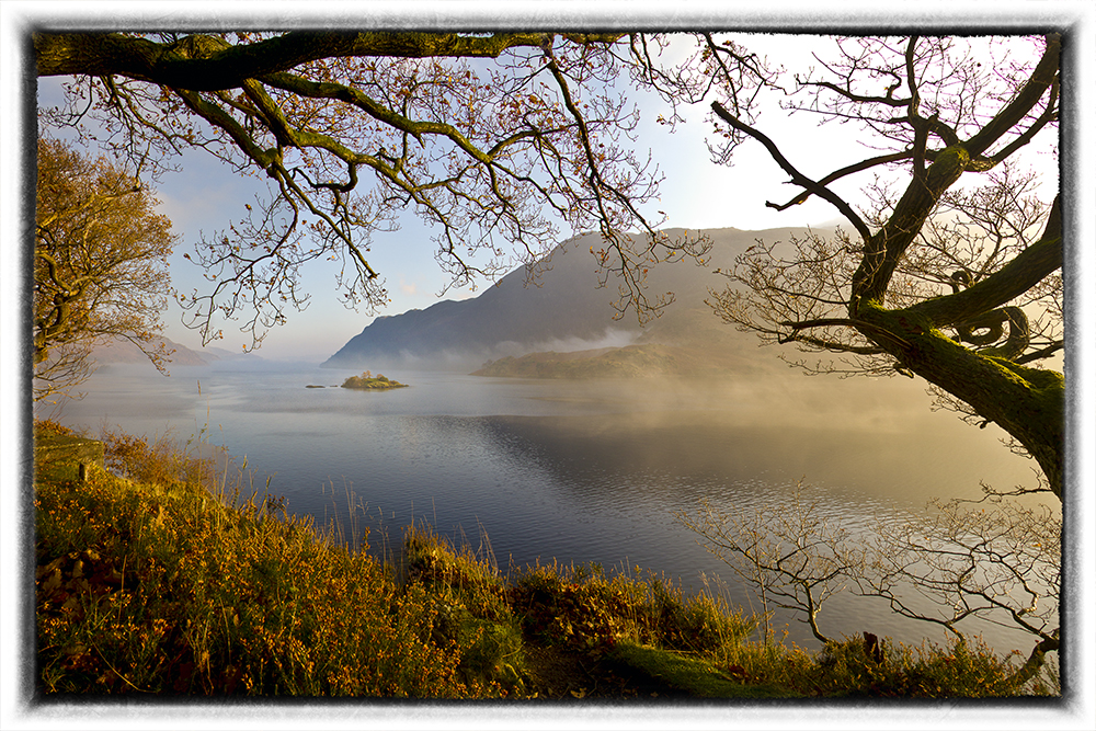 A view of Ullswater looking towards Norfolk Island frames by trees.